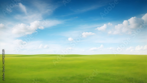 Beautiful minimalist idyllic natural landscape with green mowed grass meadow and blue textured sky with white clouds.AI