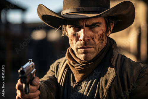 Slika na platnu Front-facing cowboy gun drawn prepares for wild west town duel