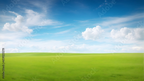 Beautiful minimalist idyllic natural landscape with green mowed grass meadow and blue textured sky with white clouds.AI