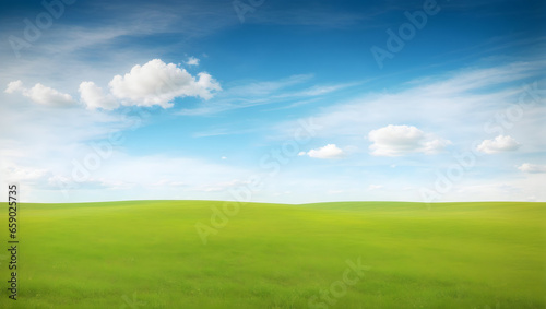 Beautiful minimalist idyllic natural landscape with green mowed grass meadow and blue textured sky with white clouds.AI