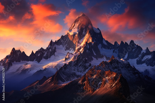 Serene sunrise over rugged mountain peak sky adorned with colorful symphony 