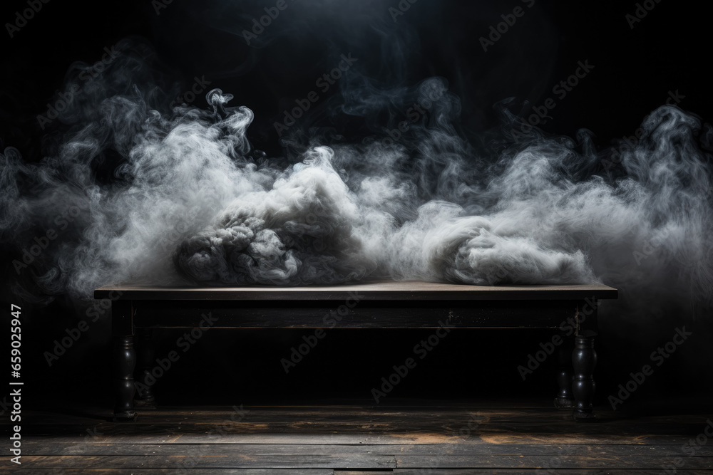 A Wooden Table Surrounded by Black Smoke on black background 
