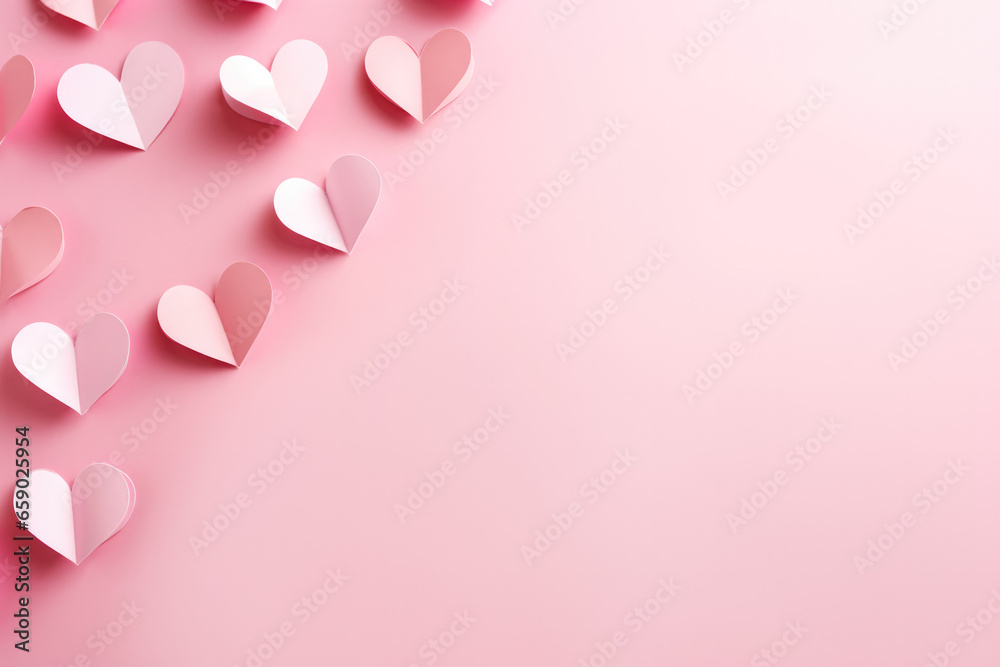 Romantic pink heart-shaped paper cutouts on bright pink backdrop 