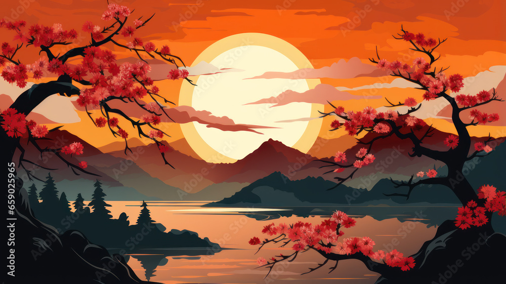 Artistic Japanese Cherry Blossom Landscape