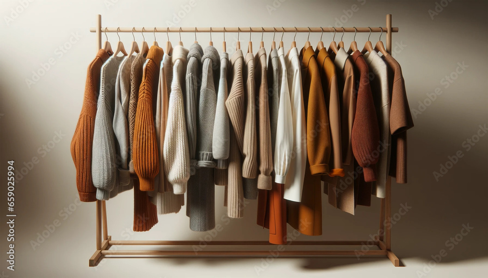Elegantly Displayed Autumn-Winter Wardrobe: A Collection of Cozy Sweaters, Knits, and Delicate Fabrics Hanging Neatly on a Minimalistic Wooden Rack with Soft Lighting Elegantly Displayed Autumn-Winter Wardrobe: A Collection of Cozy Sweaters, Knits, and Delicate Fabrics Hanging Neatly on a Minimalistic Wooden Rack with Soft Lighting
