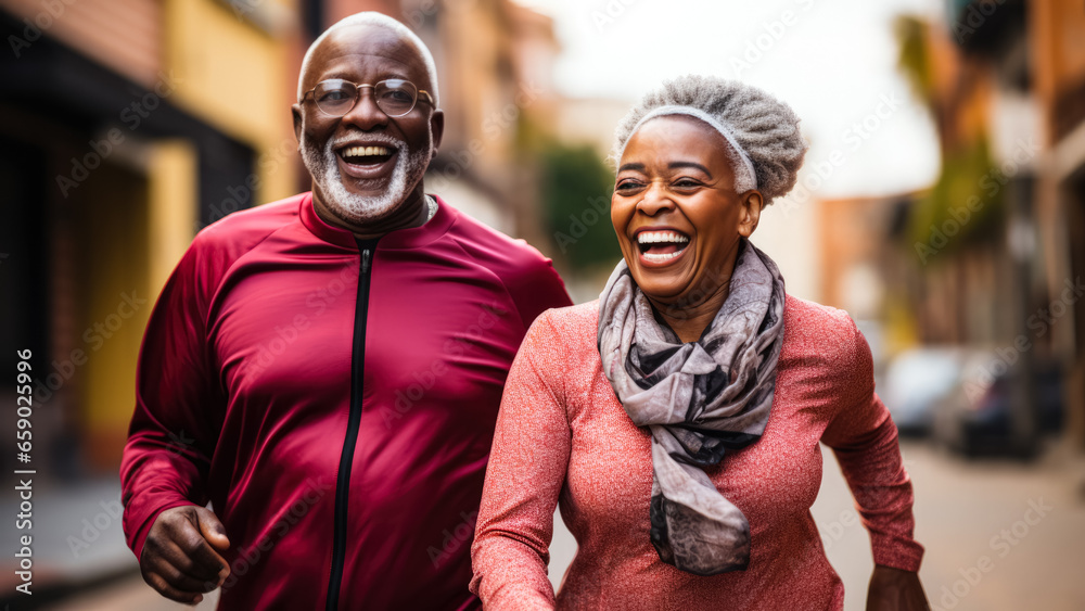 Energetic African senior couple happily jogging together on the street 