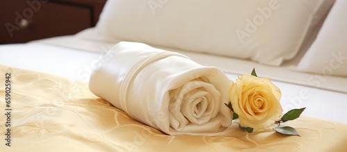 Luxurious European hotel bed with cozy pillow and decorative flower ready to welcome guests