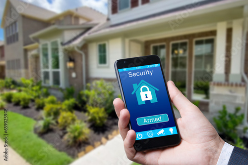 Smartphone with home security app in a hand on the building background.