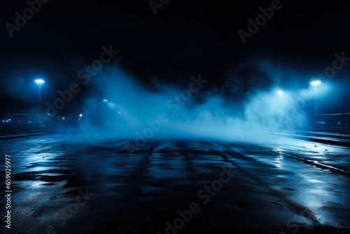 Dark emptiness wet asphalt smoke blue neon light night view 