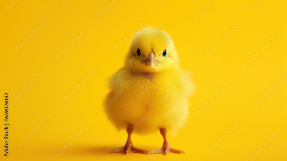 Single Small Chicken on Yellow Background Single Small Chicken on Yellow Background