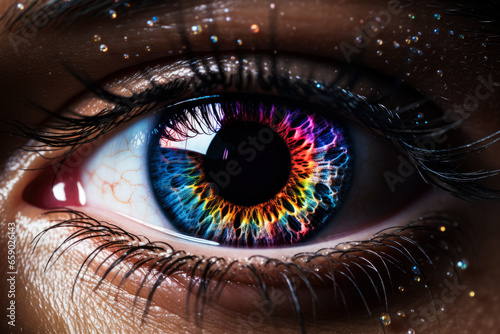 Scattered rainbow lines form a volumetric human eye iris and pupil after a bright flash 