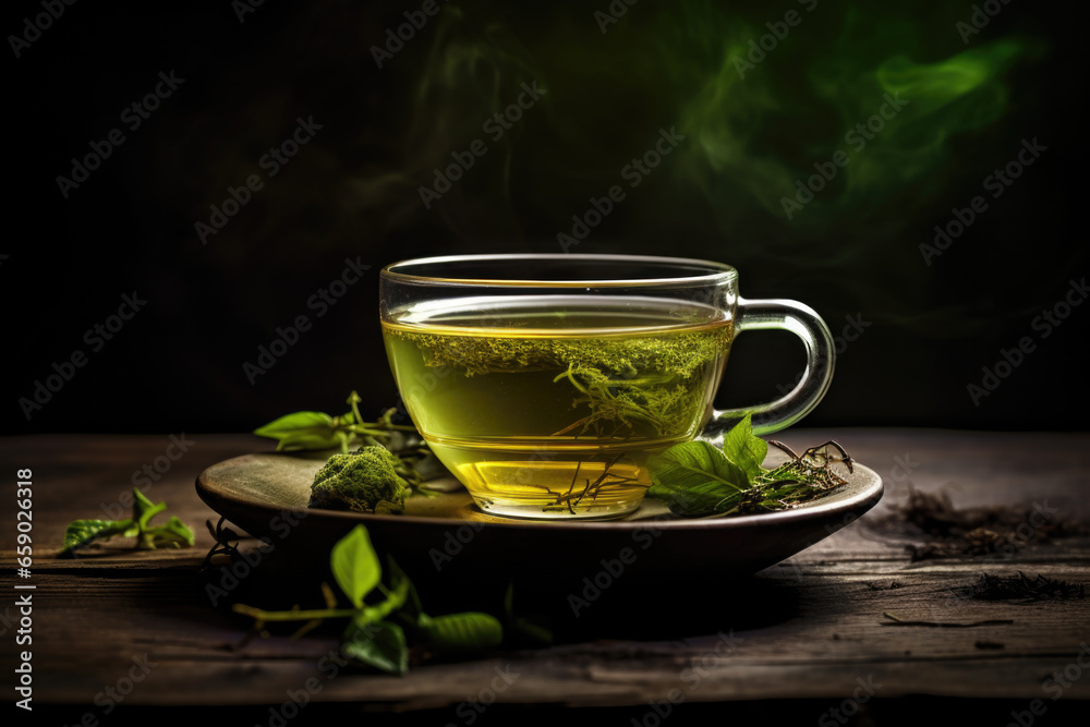 Fresh green tea with tea leaves on a dark wooden background Fresh green tea with tea leaves on a dark wooden background