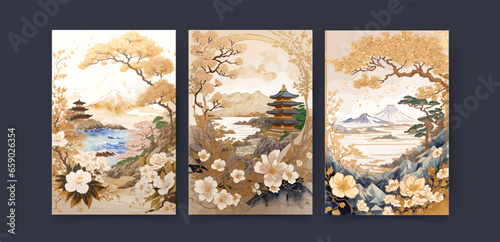Japanese and  china background with watercolour texture painting texture and wallpaper. Wedding Invitation card, watercolor Landscape, digital painting art, Abstract style landscape background