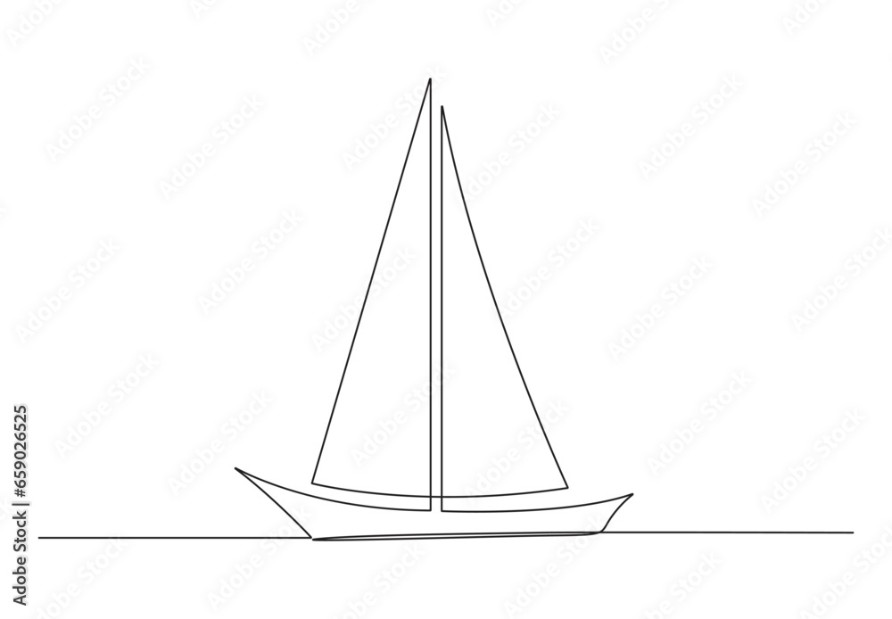 Continuous one line drawing little sailing ship, boat, sailboat, flat style. Icon or symbol of toy boat, sailing ship, sailboat with white sails. Isolated on white background vector illustration. Continuous one line drawing little sailing ship, boat, sailboat, flat style. Icon or symbol of toy boat, sailing ship, sailboat with white sails. Isolated on white background vector illustration.