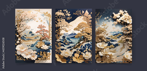 Japanese and  china background with watercolour texture painting texture and wallpaper. Wedding Invitation card, watercolor Landscape, digital painting art, Abstract style landscape background