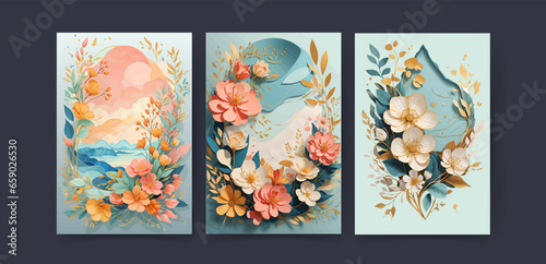 Spring floral in watercolor background. Luxury wallpaper design with flowers, line art, golden texture. Elegant gold blossom flowers illustration suitable for fabric, prints, cover, vivid flowers,