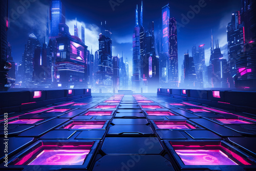 3D rendering: futuristic cyberpunk city gaming wallpaper esports gamer vs neon glow sign player challenge 