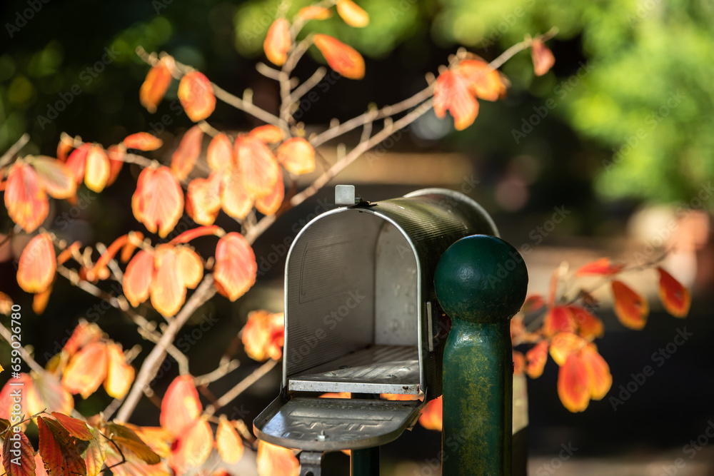 Amerikanischer Briefkasten mit offener Klappe im Herbst