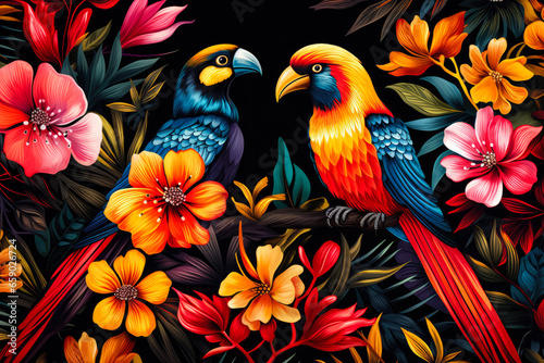 Influenced by tropical rainforests vibrant pattern with birds and flowers  © AI Petr Images