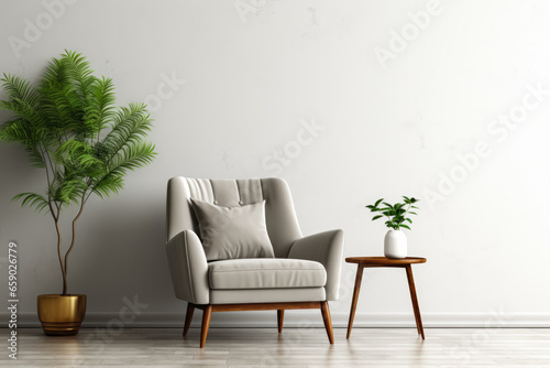 Modern living room white wall gray armchair empty background 