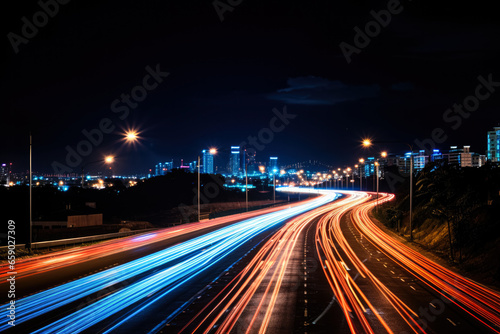 A night scene of a highway captured with long exposure 