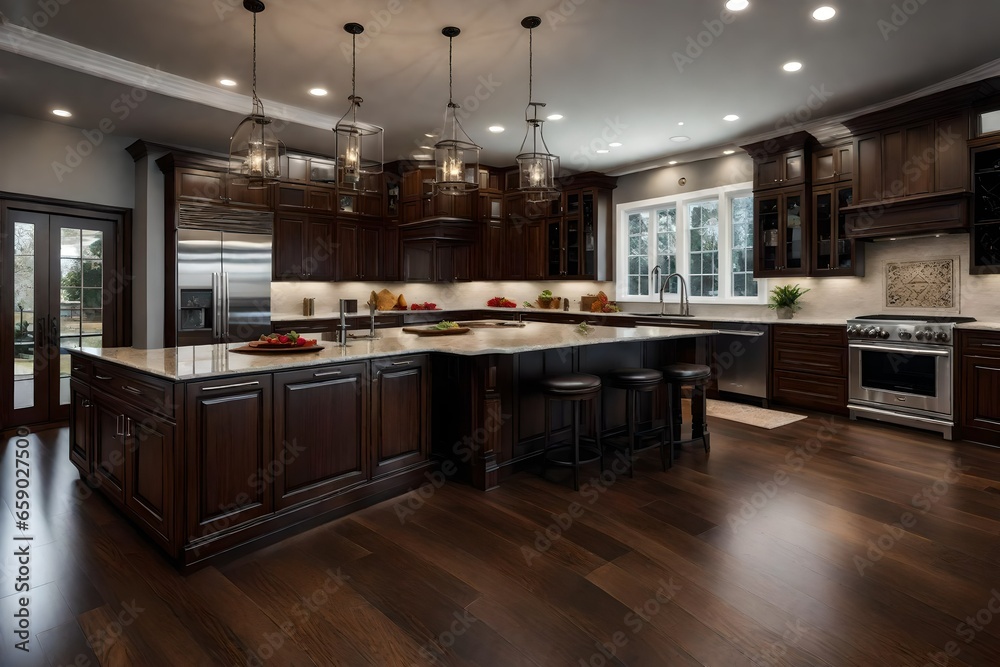 American style  brown wooden kitchen interior .