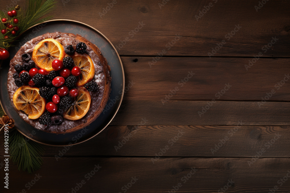 Homemade fruit cake on the rustic background, top view, copy space