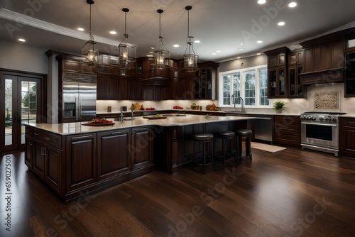 American style  brown wooden kitchen interior .