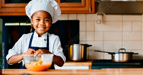 A happy African American little girl wearing a chef outfit cooking in the kitchen, photo