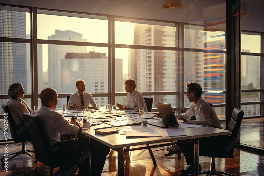 Silhouettes of people sitting at the table. A team of young businessmen working and communicating together in an office. Corporate business and manager in a meeting