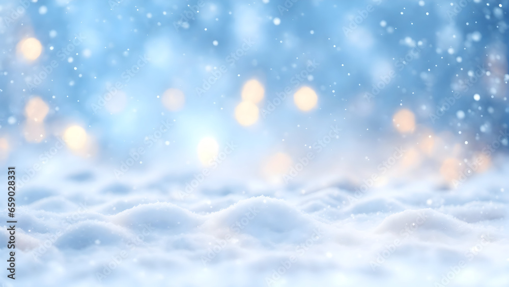 Fototapeta premium Beautiful winter light elegant background with blurry christmas lights, snowdrifts and and light snowfall.AI