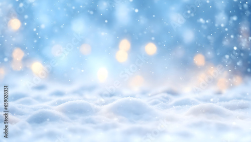 Beautiful winter light elegant background with blurry christmas lights, snowdrifts and and light snowfall.AI © Thanapat