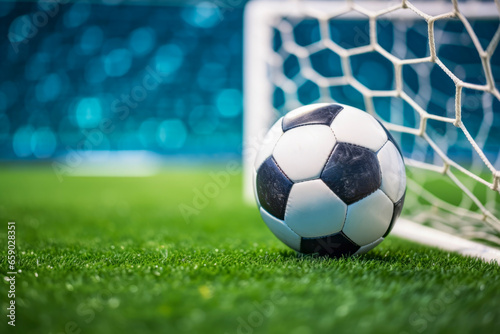 Close up of soccer ball with goal net on green lawn in the soccer stadium. Lifestyle concept for sports and hobbies. © cwa