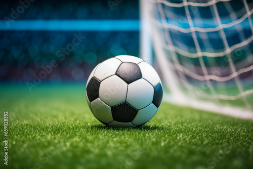 Close up of soccer ball with goal net on green lawn in the soccer stadium. Lifestyle concept for sports and hobbies.