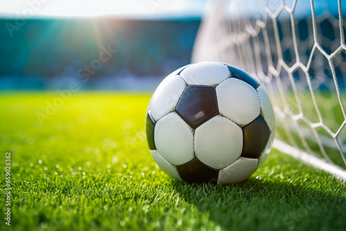 Close up of soccer ball with goal net on green lawn in the soccer stadium. Lifestyle concept for sports and hobbies.