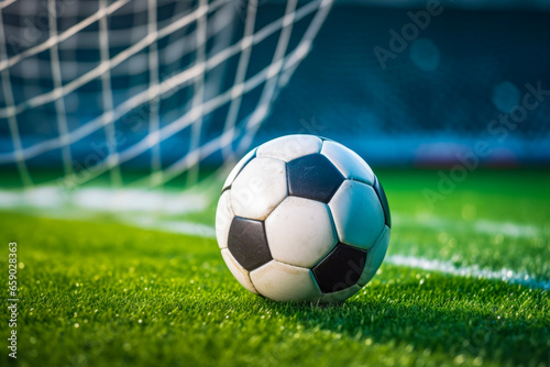 Close up of soccer ball with goal net on green lawn in the soccer stadium. Lifestyle concept for sports and hobbies. © cwa