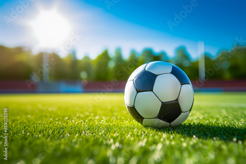 Close up of soccer ball with goal net on green lawn in the soccer stadium. Lifestyle concept for sports and hobbies.