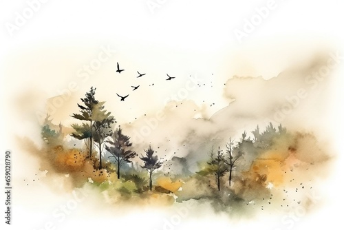 abstract watercolor painting nature landscape wallpaper with forest trees, mountains, water river, and flying birds