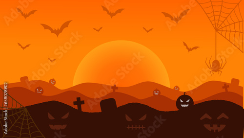 Landscape Halloween Illustration Background with Copy Space and Pumpkins Silhouette. Suitable for Use for Banners or Other Purposes
