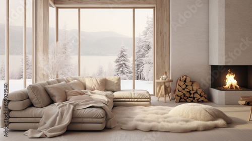 白を基調とした冬の暖かそうなリビングルーム © Ukiuki-tsuguri