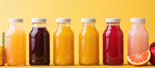 Colorful plastic bottles of healthy organic detox juice on a soft orange backdrop available in various flavors