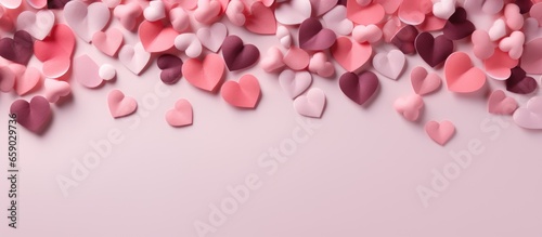 Top down flat lay of heart shaped objects on a Valentine s Day backdrop