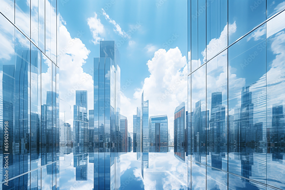 Abstract glass skyscrapers in vivid blue sky with clouds background. Minimalist and surreal fantasy background. Vivid blue sky. Background with copy space. Generative AI Abstract glass skyscrapers in vivid blue sky with clouds background. Minimalist and surreal fantasy background. Vivid blue sky. Background with copy space. Generative AI
