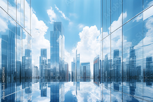 Abstract glass skyscrapers in vivid blue sky with clouds background. Minimalist and surreal fantasy background. Vivid blue sky. Background with copy space. Generative AI