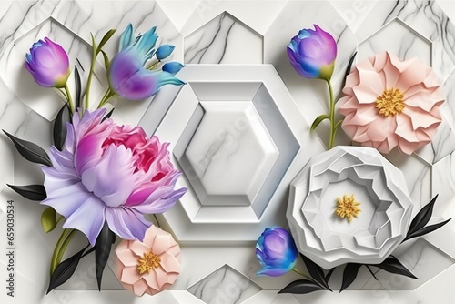 Abstract 3d marble texture ceramic seamless pattern geometric polygon with floral ornament decor and bright color flowers. 3D interior mural wallpaper for living room.