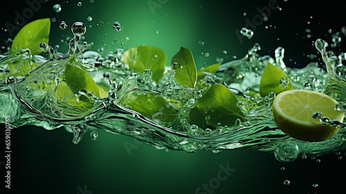Wide horizontal banner of lime and lemon with slices floating on a flowing water splash with fresh look for fruit juice menu image