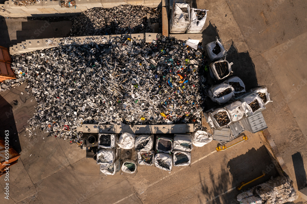 Drone photography of recycling place and storage of recycled material of plastic and metal Drone photography of recycling place and storage of recycled material of plastic and metal