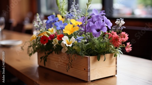 Photo of a colourful arrangement of flowers in a rustic wooden box on a tabletop created with Generative AI technology