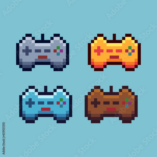 Pixel art sets of gamepad controller with variation color item asset. Simple bits of gold gamepad on pixelated style. 8bits perfect for game asset or design asset element for your game design asset.