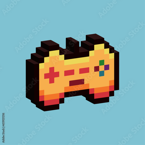 Isometric Pixel art 3d of gamepad controller for items asset. Game controller gold on pixelated style.8bits perfect for game asset or design asset element for your game design asset.